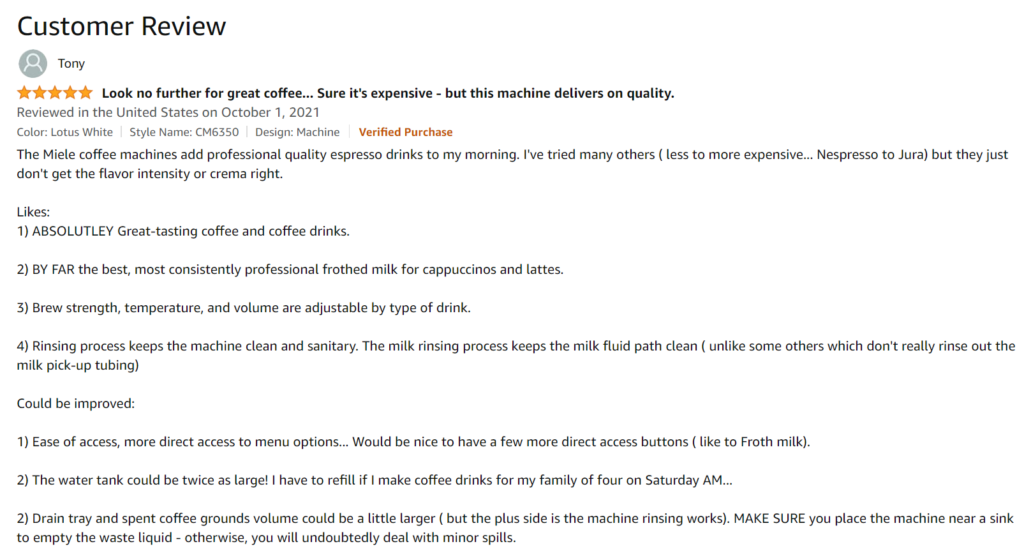 miele coffee machine customer review